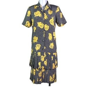 VINTAGE YELLOW & POLKA DOT FLORAL PLEATED DRESS‎